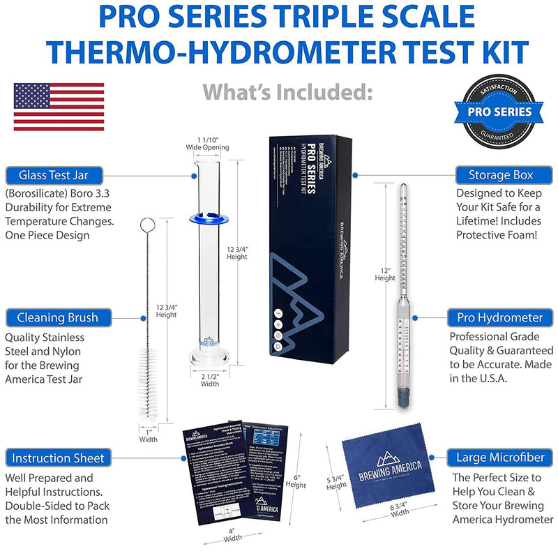 Thermo-Hydrometer ABV Tester Triple Scale for Beer/Wine - Pro Series American-Made Specific Gravity Hydrometer with Thermometer Temperature Correction, N.I.S.T Traceable (KIT)