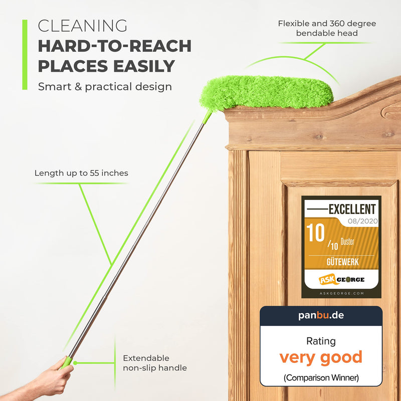 GÜTEWERK DUSTR Microfiber Duster with Extension Pole, Feather Duster, Ceiling Fan Duster, Feather Dusters for Cleaning, Dust Cleaner, Cobweb Duster - Electrostatic Bendable Head - up to 55 Inch up to 55 in