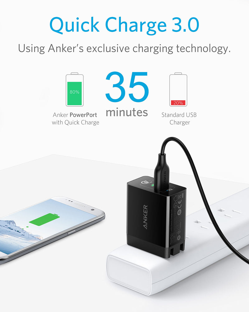 Quick Charge 3.0, Anker 18W 3Amp USB Wall Charger (Quick Charge 2.0 Compatible) Powerport+ 1 for Anker Wireless Charger, Galaxy S10e/S10/S9/S8/Plus, Note 9/8, LG V40/V30+, iPhone, iPad and More Black