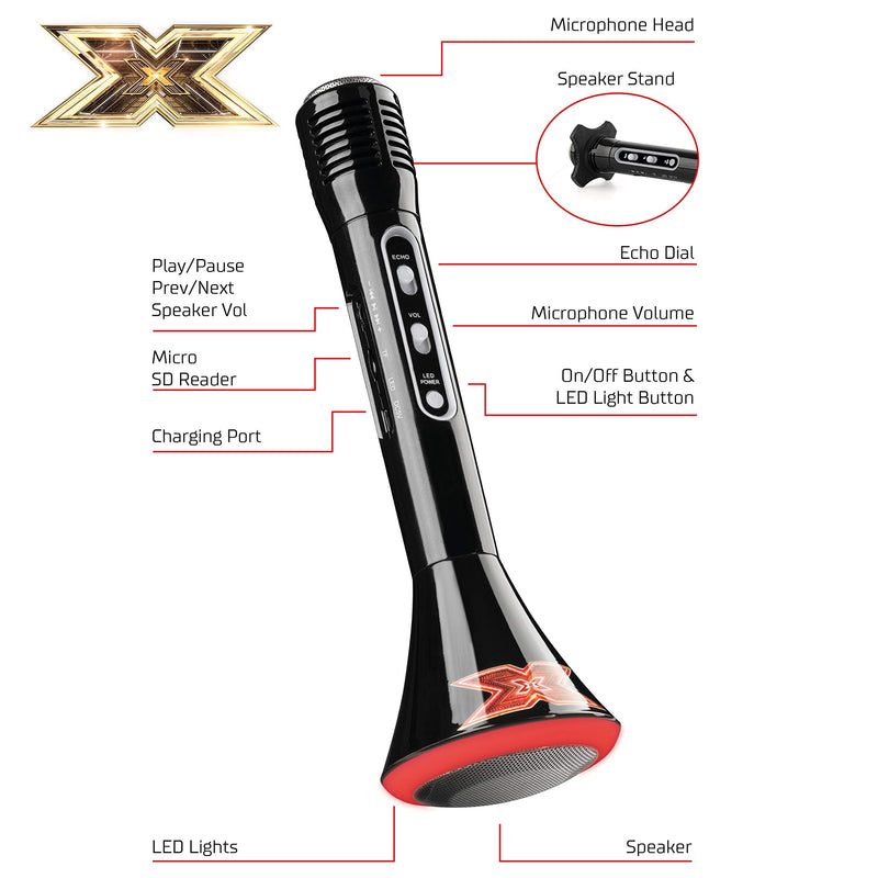 The X Factor TY6012 Karaoke Microphone Speaker with Wireless Bluetooth, LED Lights and Echo Function for Kids and Adults, XF1, Black