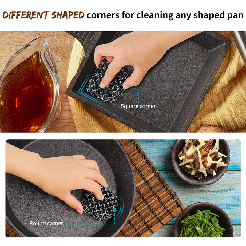 Herda Cast Iron Scrubber Skillet Scrapers Kit, 4Pieces Castiron Cleaning Kit 316 Chain Mail Scrubber for Pan Pot, Cast Iron Cleaner Iron Skillet Care Accessories Scraper Tool for Grill Griddle Pan Wok Black Kit