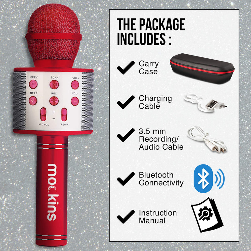 Mockins Wireless Bluetooth Karaoke Microphone with Built in Bluetooth Speaker All-in-One Karaoke Machine | Compatible with Android & iOS iPhone - Red Color