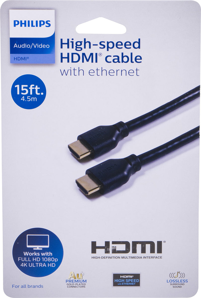 Philips HDMI Cable, Ethernet, 15 Ft HDMI Cable, Full HD 1080P, Surround Sound, Works with Smart TVs, Roku, Fire Stick, Streaming Devices, Blu Ray, Cable, Gold Plated Connectors, Black, SWV9243A/27 15ft. | 4.5m