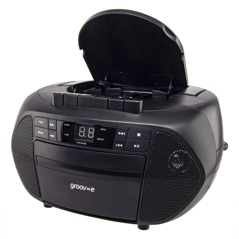 Groov-e GVPS833/BK Traditional Boombox Speaker, Portable CD & Cassette Player with FM Radio , Traditional Black CD Player