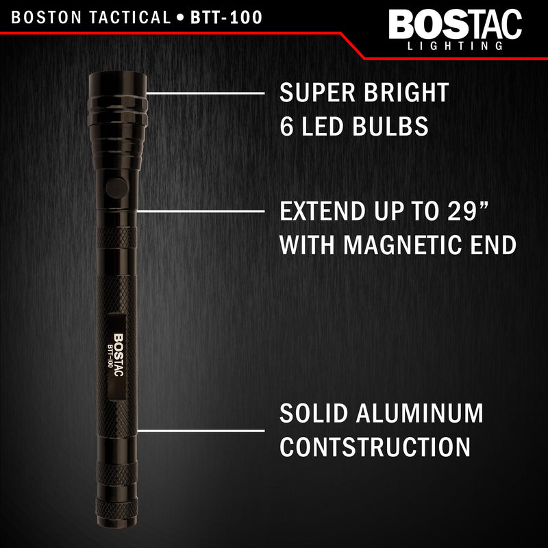 BOSTAC BTT-100 Utility Flashlight - Extendable Magnetic 6 LED Light - Retrieve Metal Parts and Tools from Hard to Reach Places - Aluminum Body with 22.5” Extension and Pivoting Gooseneck