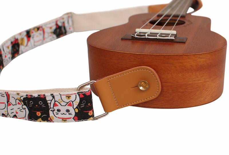 MUSIC FIRST Original Design “Fortune Cats (Maneki Neko)” Soft Cotton & Genuine Leather Ukulele Strap Ukulele Shoulder Strap