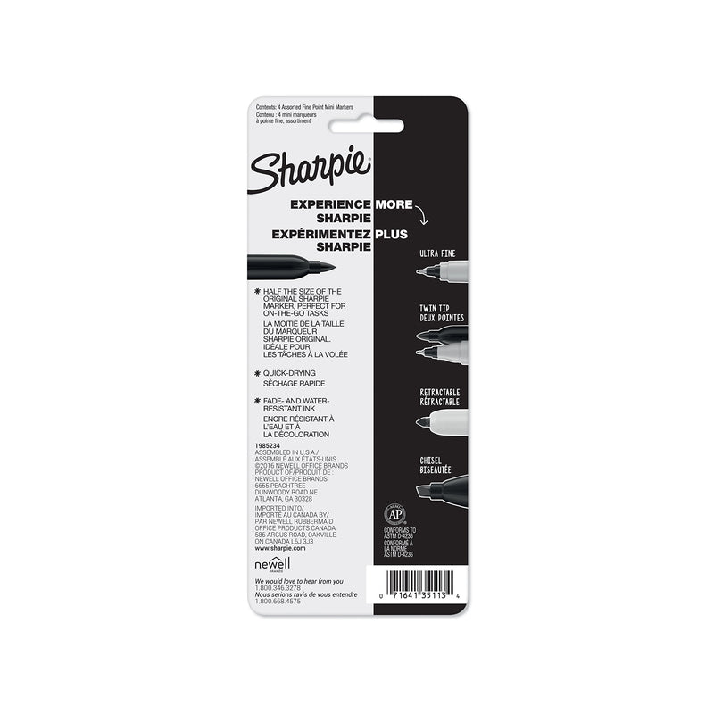Sharpie Mini Permanent Markers, Fine Point, Assorted Colors, 4 Count - 35113PP 4-Count
