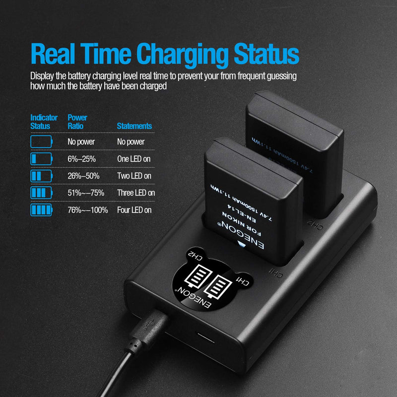 EN-EL14/EL 14a Replacement Battery (2 Pack) and Smart LED Dual Charger Kit for Nikon EN-EL14/14a and Compatible with D3100, D3200, D3300, D3400, D3500, D5100, D5200, D5300, D5500, Coolpix P7000…