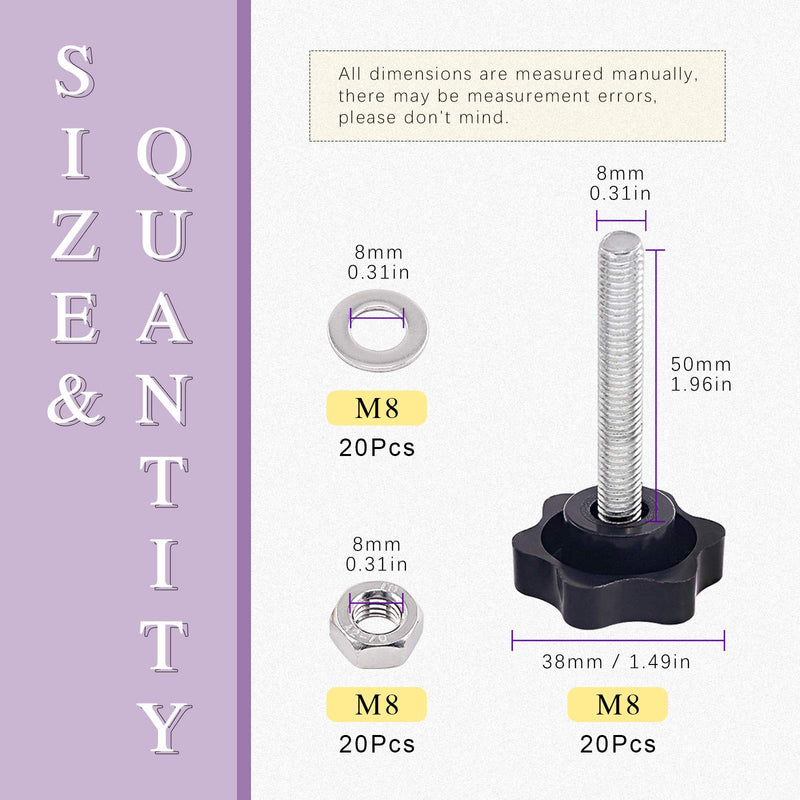 Swpeet 60Pcs M8 x 50 Hex Shaped Male Thread Metal Clamping Hand Star Knobs with 304 Stainless Steel Hex Nuts and Flat Washer Assortment Kit, Clamping Screw (M850) M8*50