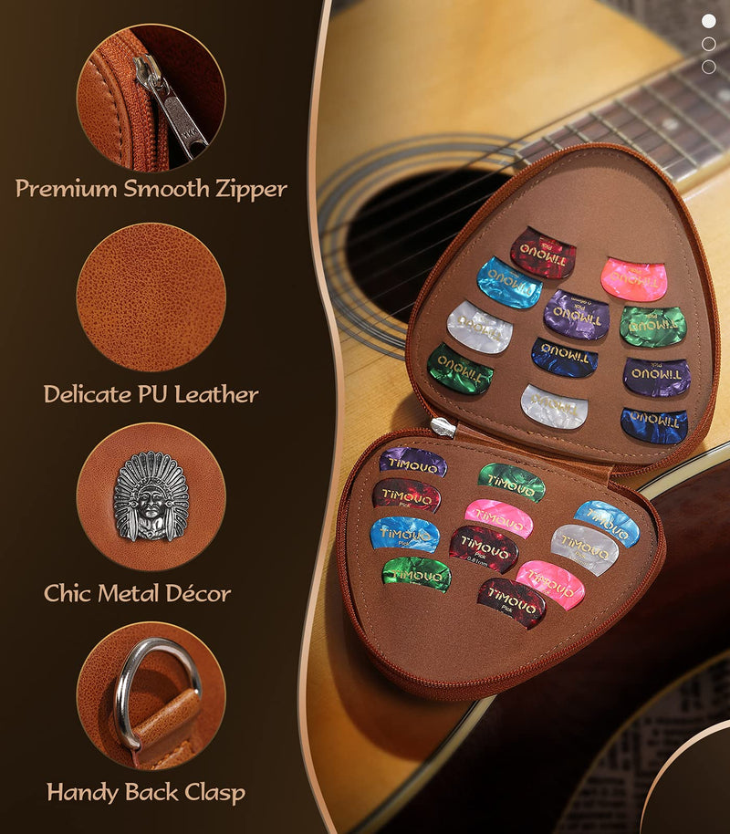 TiMOVO Guitar Picks Holder Case with 22pcs Colorful Picks, Variety Pack Picks Storage Pouch Box, PU Leather Guitar Plectrums Bag for Acoustic Electric Guitar Bass, Gift for Guitar Players, Brown