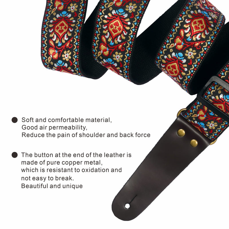 Guitar Strap, Vintage Embroidered Cotton Guitar Straps with Genuine Leather Ends for Bass, Electric & Acoustic Guitars, Come with Free Strap Button, 1 Pair Strap Locks and 4 Guitar Picks (Red Flower) A# - Woodstock Red