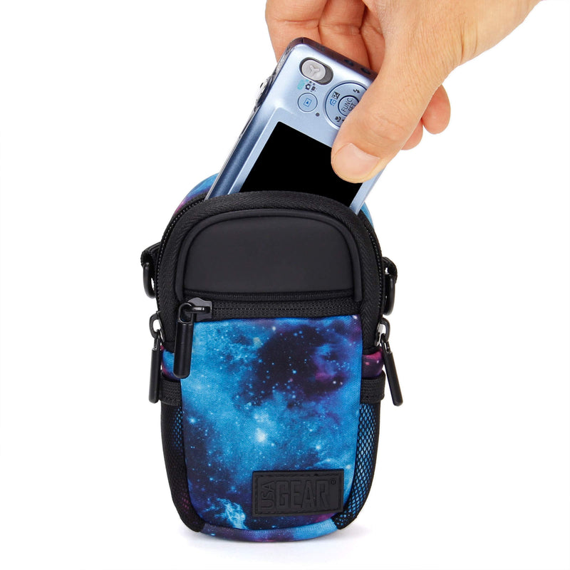USA GEAR Compact Camera Case Point and Shoot Camera Bag with Accessory Pockets, Rain Cover and Shoulder Strap - Compatible with Sony CyberShot, Canon PowerShot ELPH, Nikon COOLPIX and More (Galaxy) Galaxy and Black