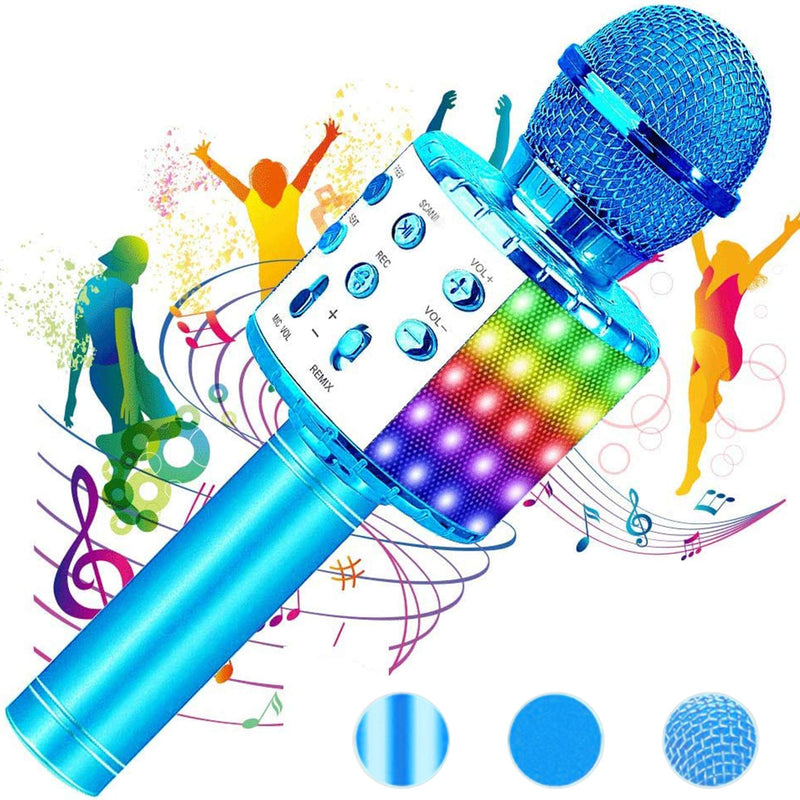 Wireless Bluetooth 32 LEDs Microphone for Children Vocal Portable Handheld Microphone Children's Microphone for Music Playing KTV Party for Android/iOS with Charging Cable and AUX Cable blue