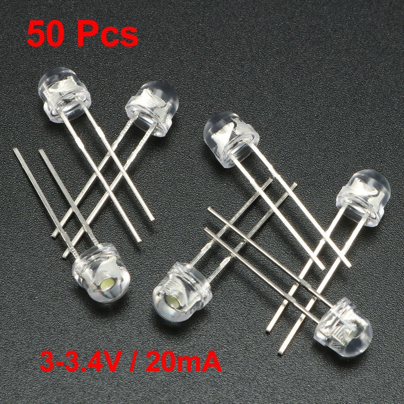 uxcell 50pcs 5mm Dia White LED Diode Lights Clear Straw Hat Transparent 3-3.4V 20mA Super Bright Lighting Bulb Lamp Electronic Component Light Emitting Diode