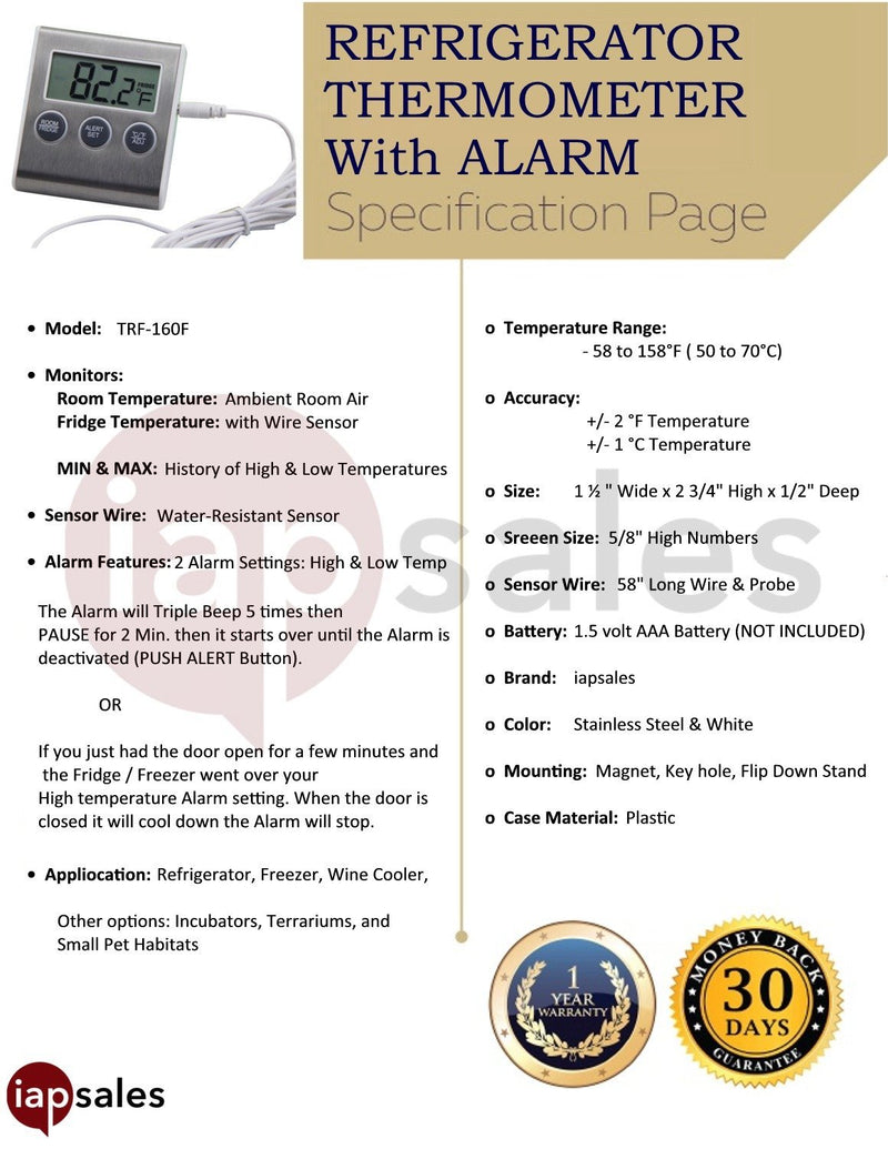 Easy to Read: Refrigerator Freezer Thermometer Alarm, High & Low Temperature Alarms Settings