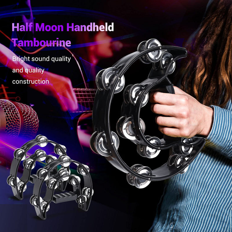 Facmogu 1 Pair Handheld Tambourine with Double Row Metal Jingles, Hand Held Percussion Tambourine Instrument, Half Moon Musical Tambourine - Black