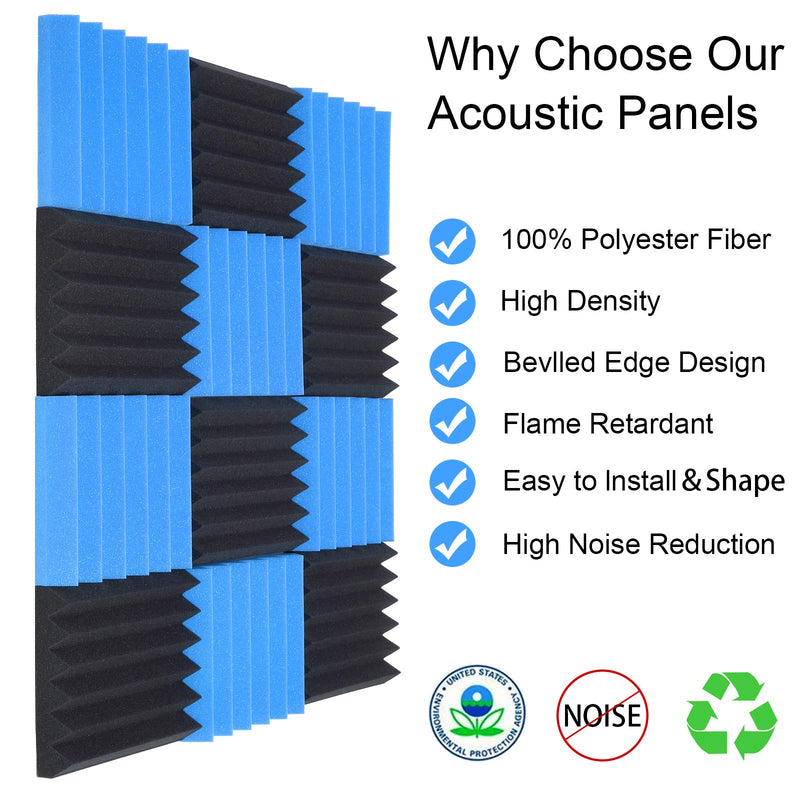 Acoustic Foam Panels 12 Packs Acoustic Panels 2"x12"x12" Sound Proof Foam Panels Music Studio Equipment Recording Studio Equipment 2inch Sound-absorbing Foam Board Wedge Shape(Black/Blue) Blue
