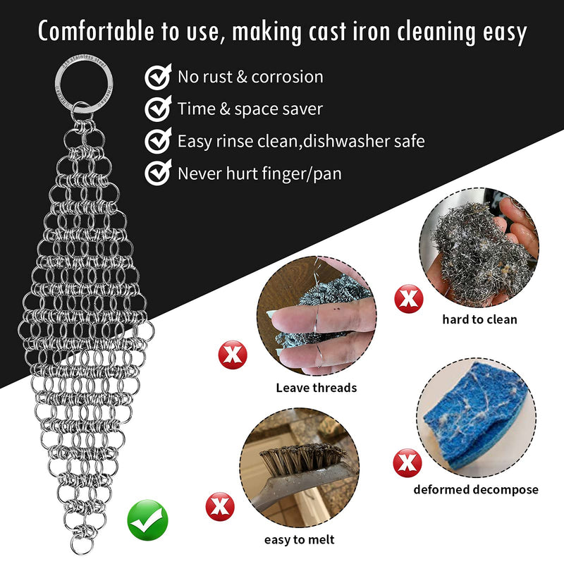 2Pack Cast Iron Cleaner Stainless Steel Chain Mail Scrubber, Iron Skillet Scrub Brush for Pan Pot Chain Scrubber Cleaning Dutch Ovens Carbon Steel Wok Grill Pan, Chain Mail to Clean Castiron by Herda 4 Inch (Pack of 2)