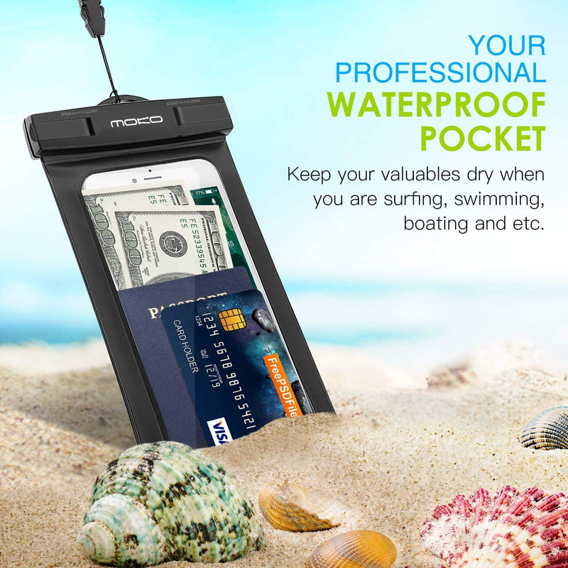 MoKo Waterproof Phone Pouch Holder, Underwater Cellphone Case Dry Bag with Lanyard Armband Compatible with iPhone 12 Mini/12 Pro, iPhone 11 Pro Max, Xr/Xs Max, 8, Samsung S21/S20/S10/S9, A10E, Note 10 Black