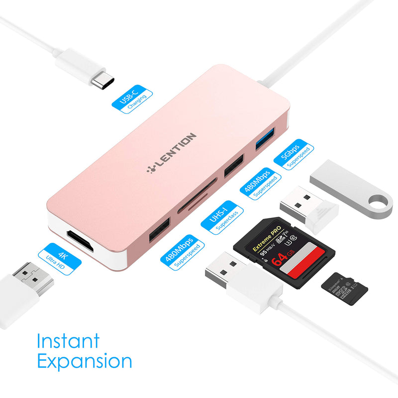 LENTION USB C Hub with 4K HDMI, SD/Micro SD Card Reader, USB 3.0, USB 2.0 and Charging Compatible MacBook Pro 13/15/16, New Mac Air/Surface, More, Stable Driver Certified Adapter (CB-C17, Rose Gold)