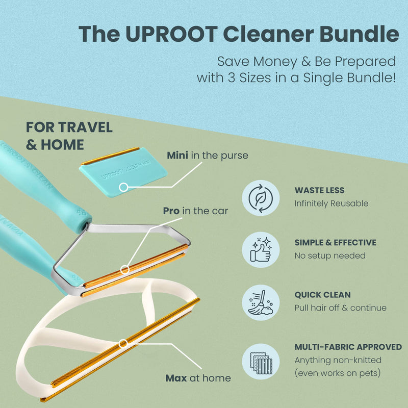 Uproot Cleaner Bundle - Max, Pro and Mini - Non-Damaging Lint Remover and Carpet Scraper by Uproot Clean - Easy Cat Hair Remover & Dog Hair Remover for Couch, Clothes & Rugs - Gets Every Hair!