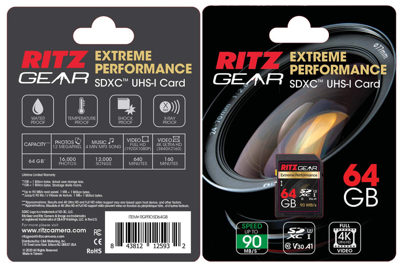 RITZ GEAR Extreme Performance High Speed UHS-I SDXC 64GB 90/45 MB/S U3 A1 C10 V30 MemoryCard(2 Units) Designed for SDDevices That can Capture Full HD,3D,and4K Video as Well as raw Photography+SD Case 2 PACK