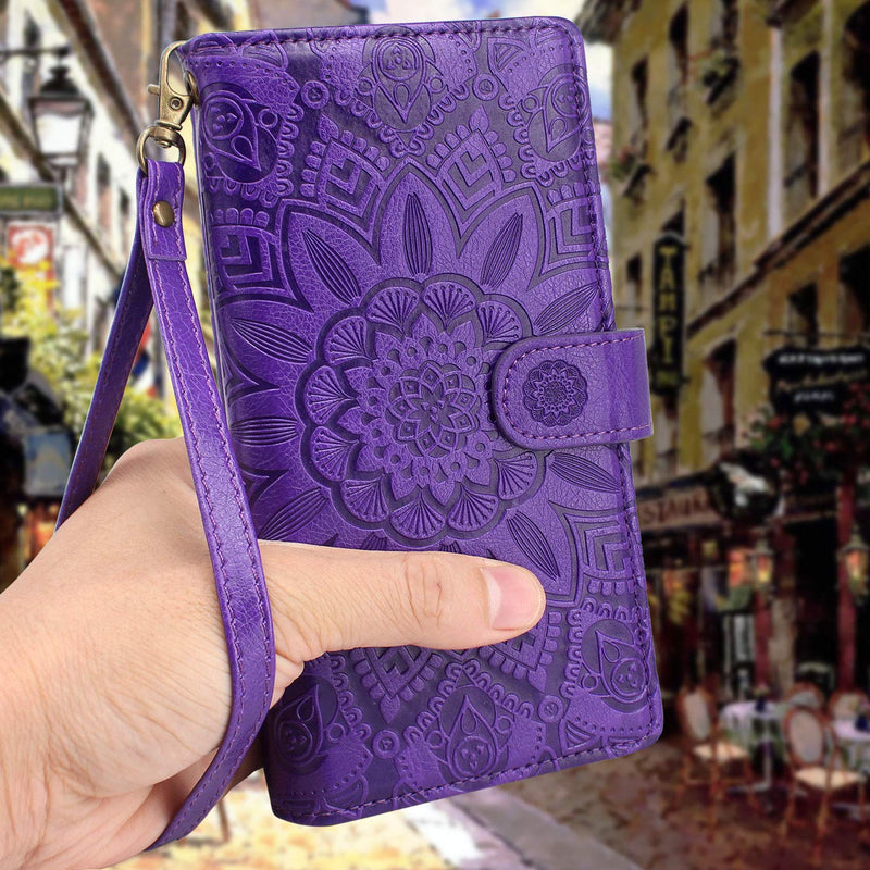 [AUSTRALIA] - Harryshell Detachable Magnetic Zipper Wallet Leather Case Cash Pocket with 12 Card Slots Holder Wrist Strap for Samsung Galaxy S21+ S21 Plus 5G 6.7 Inch (2021) G996U Floral Flower (Purple) Purple 