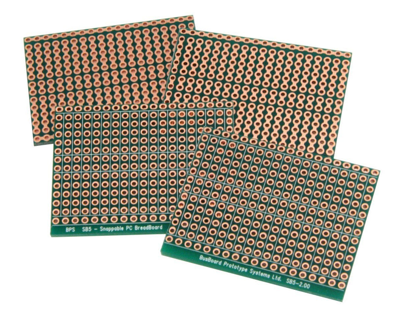 SB5 Snappable PCB BreadBoard with 5-Hole Strips, Scored PCB, Snaps Into 4 Small Boards, 2-Layer, Plated Holes, Power Rails, 2.8 x 3.8in (73.7 x 96.5mm)