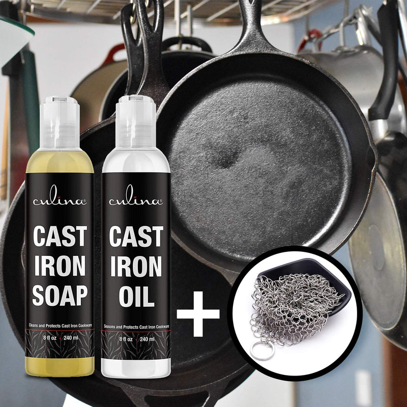 Culina Cast Iron Soap Set & Conditioning Oil & Stainless Scrubber | All Natural Ingredients | Best for Cleaning, Non-stick Cooking & Restoring | for Cast Iron Cookware, Skillets, Pans & Grills!…