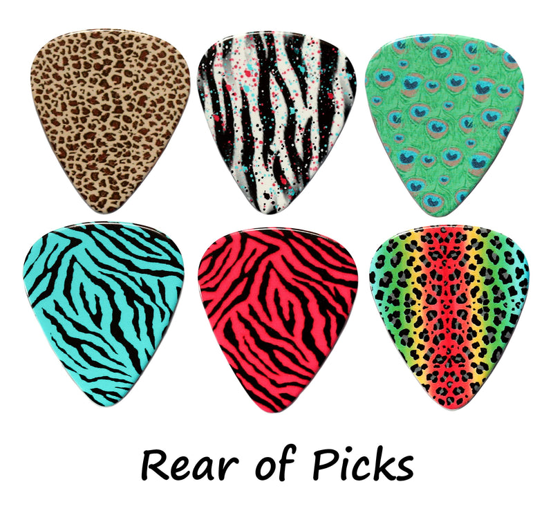 6 Animal Print Guitar Picks with Leather Keyring Plectrum Holder