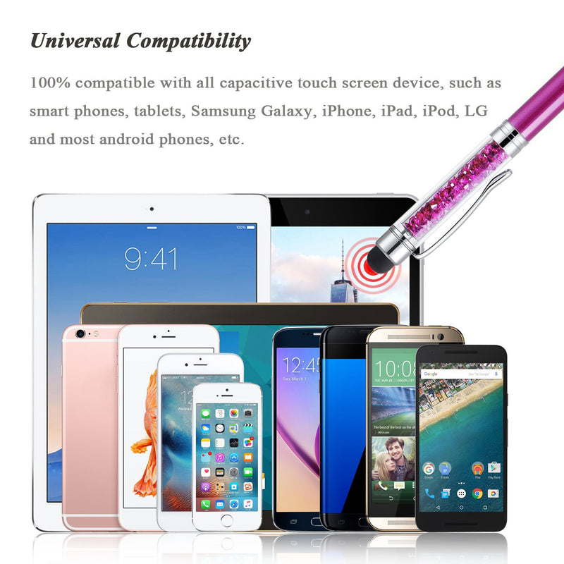 Stylus Pens, Besgoods 6Pcs Crystal 2 in 1 Slim Capacitive Stylus &Ballpoint Pen for Touch Screens, iPhone 7 8 Plus x, iPad, Samsung Galaxy, Tablets, Sky Blue Pink Purple Royal Blue Black White