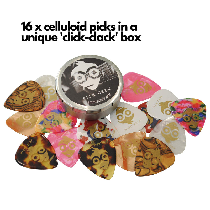 Pick Geek Guitar Picks - 16 Cool Custom Guitar Picks For Your Electric, Acoustic, or Bass Guitar - X-Heavy, Heavy, Medium & Light - Presented in a Luxury Metal Pocket Box