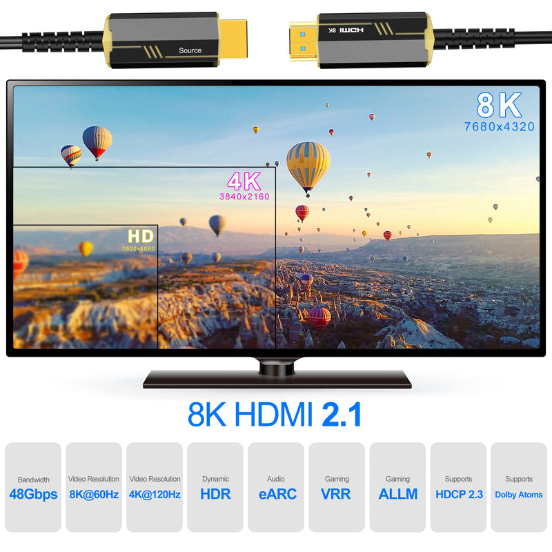 DGHUMEN 8K Fiber Optic HDMI 2.1 Cable 30ft, Ultra High Speed 48Gbps, Supports 8K@60Hz, 4K@120Hz, Dynamic HDR, eARC, Dolby Atmos, Compatible with RTX3090, Xbox Series X, UHD TV 30ft/10m