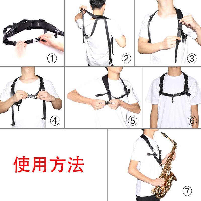 Rayzm Saxophone Strap for Adults and Children, Double Shoulders Neoprene (SBR) Memory Foam Strap for Sax, Padded Adjustable Harness Strap for Alto/Tenor/Soprano/Baritone Saxophones. For adults or children