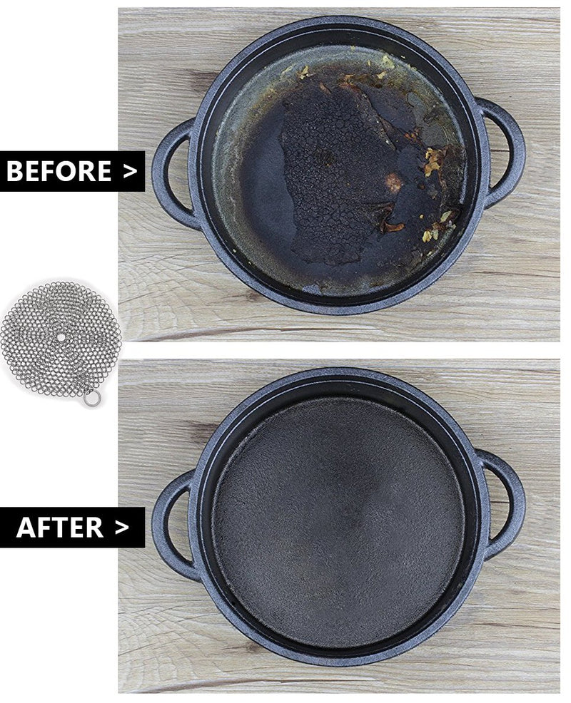 [AUSTRALIA] - 316 Stainless Steel Cast Iron Skillet Cleaner Cast Iron Scraper Chainmail Scrubber for Cast Iron Pans, Pre-Seasoned Pans, Griddle Pans, BBQ Grills, and More Pot Cookware-Round 7 Inch Diameter Stainless steel color-Round 