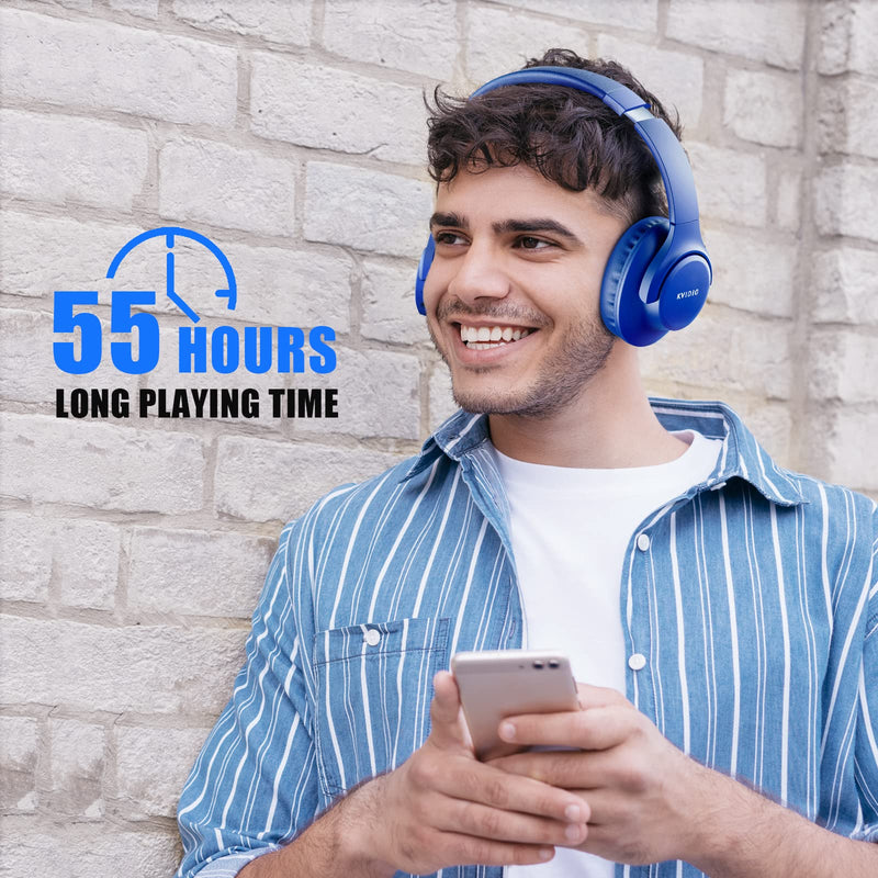 Bluetooth Headphones Over Ear,KVIDIO 55 Hours Playtime Wireless Headphones with Microphone,Foldable Lightweight Headset with Deep Bass,HiFi Stereo Sound for Travel Work Laptop PC Cellphone (Blue) Blue