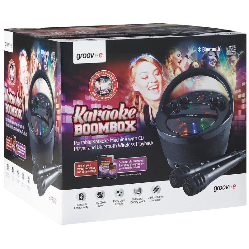 Groov-e Portable Party Karaoke Boombox Machine with CD Player, Bluetooth Wireless Playback, Party Effect Lighting, Mic & Voice Control - 2 Microphones included - Black