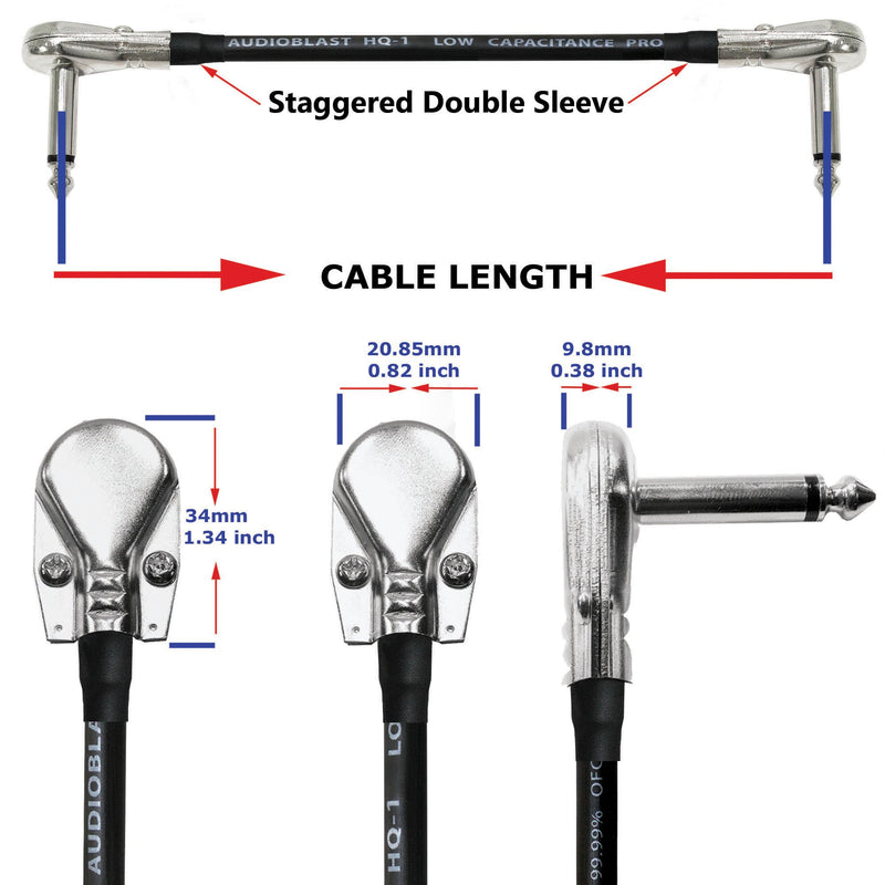 3 Units - 6 Inch - Audioblast HQ-1 - Ultra Flexible - Dual Shielded (100%) - Instrument Effects Pedal Patch Cable w/ ¼ inch (6.35mm) Low-Profile, R/A Pancake Type TS Connectors & Dual Staggered Boots