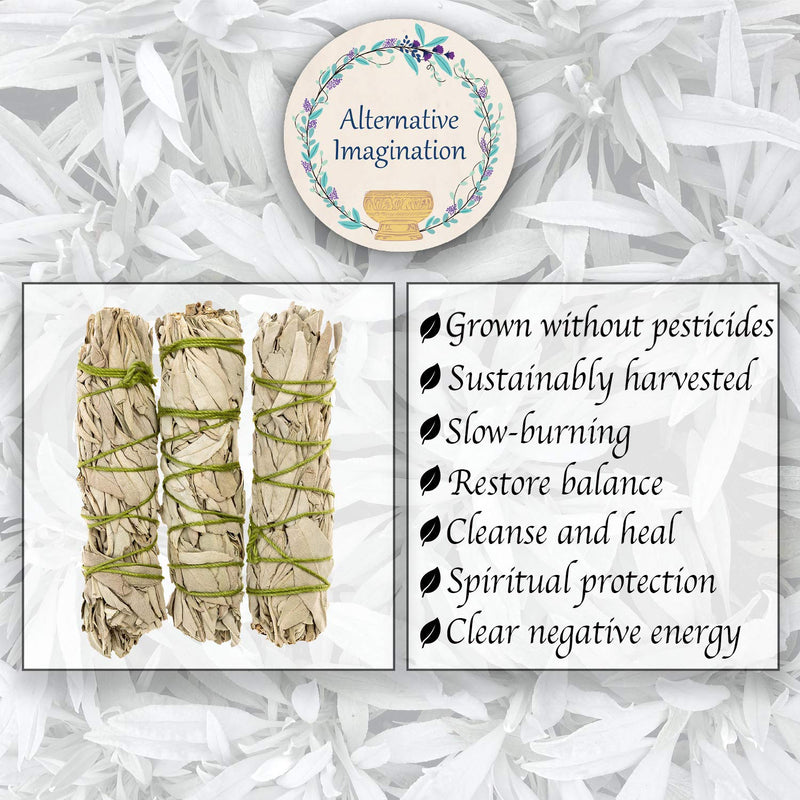 Alternative Imagination California White Sage Bundles for Smudging and Meditation – Purifying Smudge Sticks for Cleansing House of Negative Energy – Slow Burning Spirit Sticks (3 Pack) 3 Pack - 4 Inch