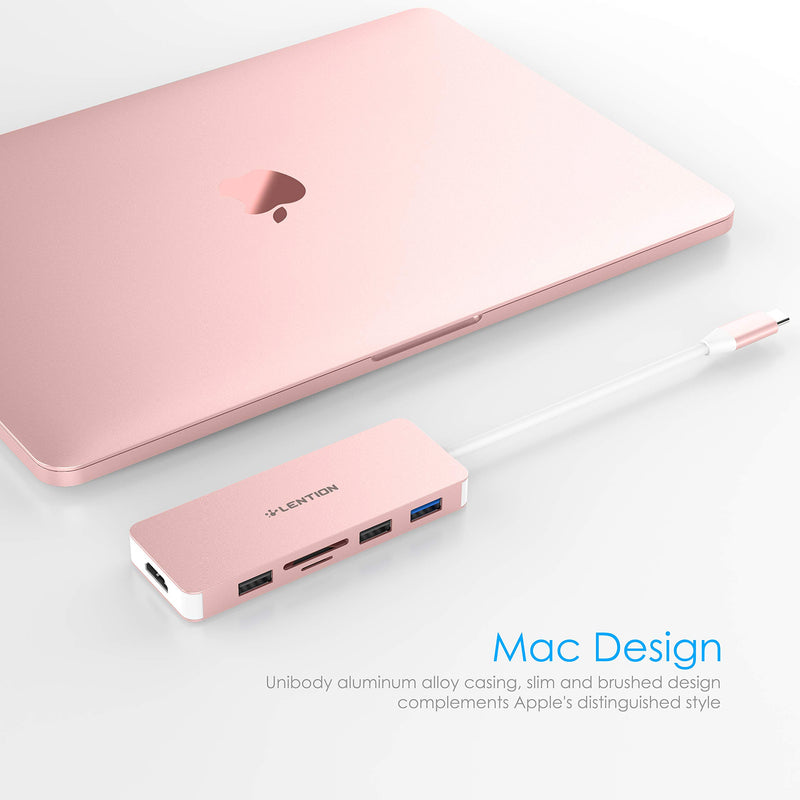 LENTION USB C Hub with 4K HDMI, SD/Micro SD Card Reader, USB 3.0, USB 2.0 and Charging Compatible MacBook Pro 13/15/16, New Mac Air/Surface, More, Stable Driver Certified Adapter (CB-C17, Rose Gold)