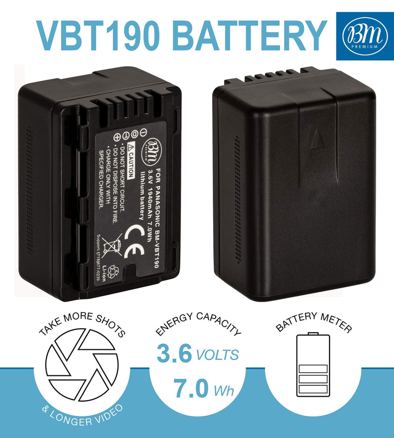 BM Premium 2-Pack of VW-VBT190 Batteries for Panasonic HC-V800K, HC-VX1K, HC-WXF1K, HCV510, HCV520, HC-V550, HCV710, HC-V720, HC-V750, HC-V770, HC-VX870, HC-VX981, HCW580, HC-W850, HC-WXF991 Camcorder