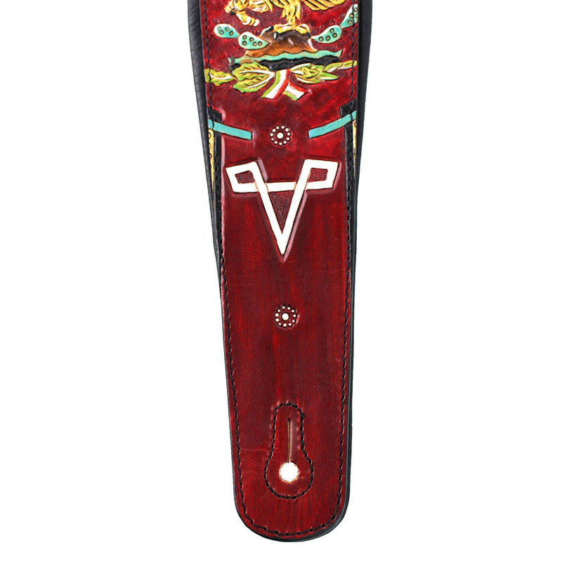 Walker And Williams KB-52-RD Black Strap w/Mexican Coat Of Arms Design On Scarlett Red Carved Leather