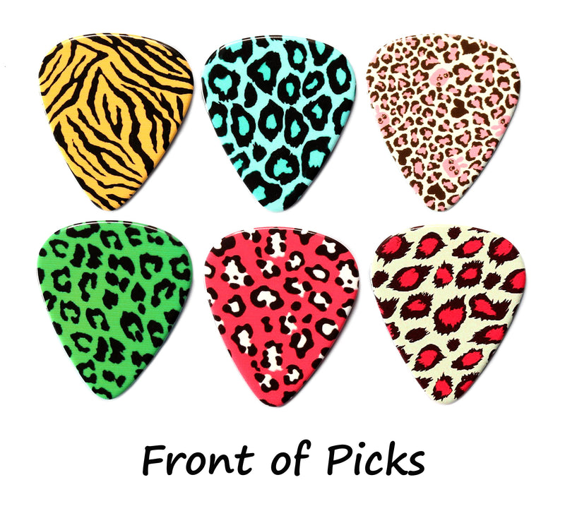 6 Animal Print Guitar Picks with Leather Keyring Plectrum Holder