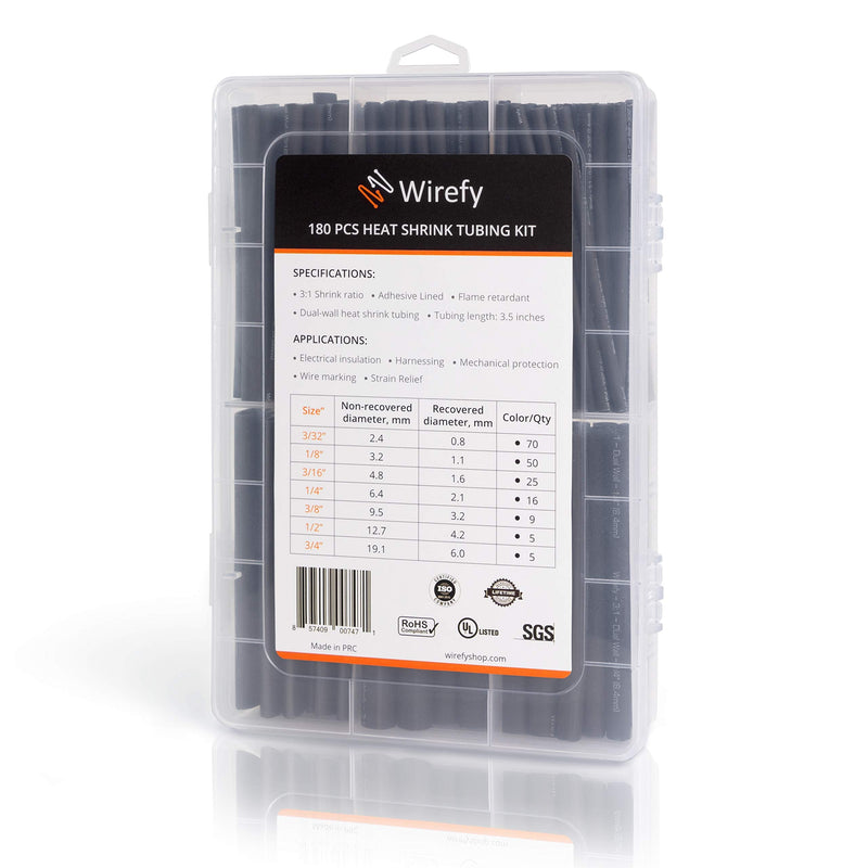 Wirefy Heat Shrink Tubing Kit - 3:1 Ratio Adhesive Lined, Marine Grade Shrink Wrap - Industrial Heat-Shrink Tubing - Black 180 PCS