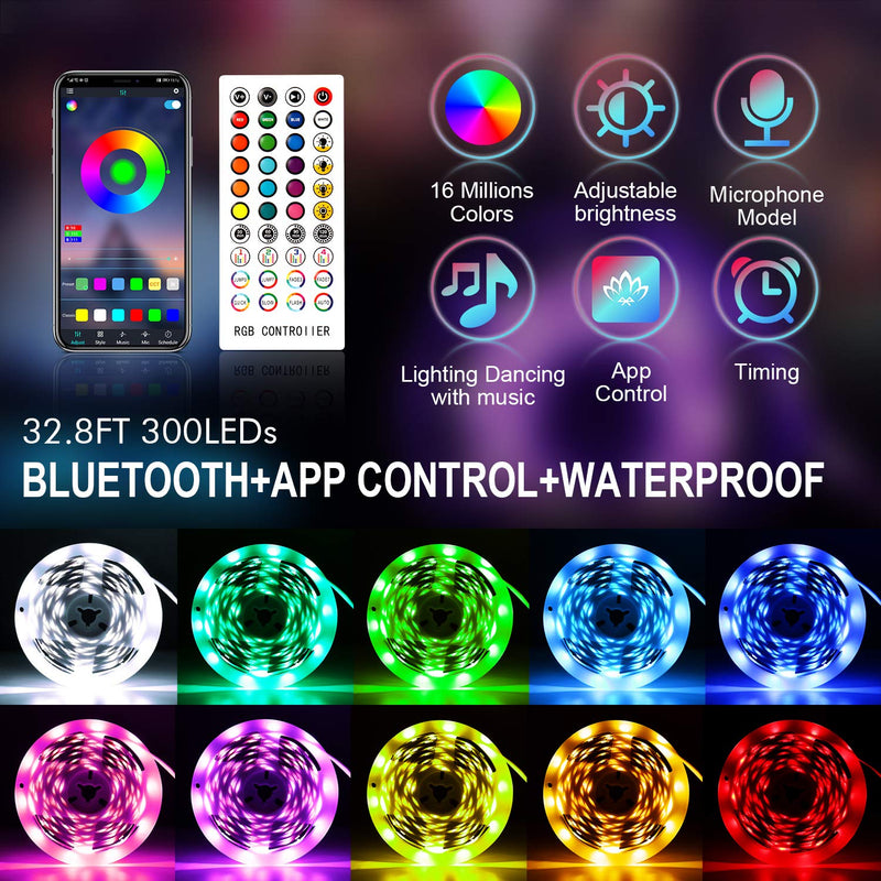 [AUSTRALIA] - Bluetooth LED Strip Lights Music Sync App Control, 32.8FT/10M Flexible Waterproof RGB LED Light Strips for Bedroom with Remote Color Changing Neon Lights 300LED 5050 Tape Lights 12V Room Mood Lighting 