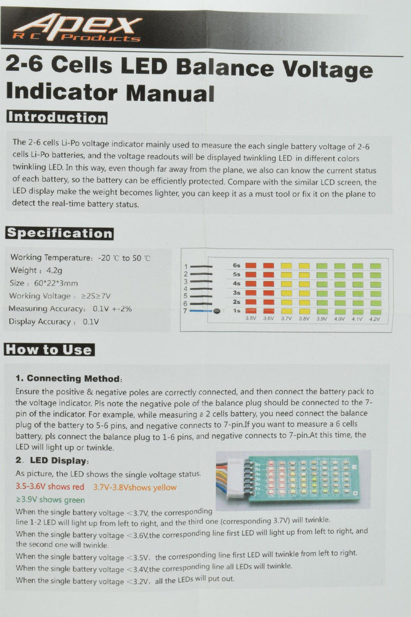 Apex RC Products 2-6 Cell LED Lipo Battery Voltage Checker Gauge #1660
