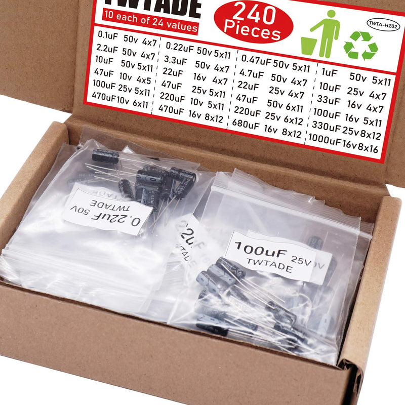 TWTADE 240Pcs Polar Aluminum Electrolytic Capacitor Assortment Kit Box (0.1uF－1000uF, 10V/16V/25V/50V)24Values for Many Household appliances, Entertainment Equipment etc. DR-240P