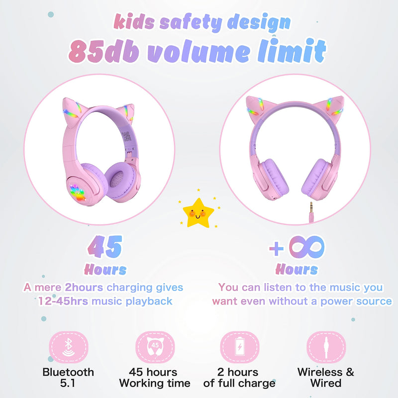 Riwbox CF9 Cat Ear Kids Bluetooth Headphones with LED Light Up,Safe 85dB Volume Limit,Built-in Mic&Boom Mic for Calls,Kids Wireless&Wired Headphones for Girls/Toddler/Online Learning/School (Purple) Pink Purple