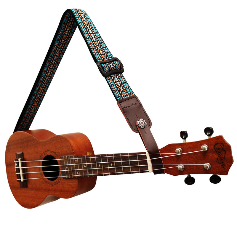 MUSIC FIRST Country style Soft Cotton & Genuine Leather Ukulele Strap Ukulele Shoulder Strap Version 2.0 With a MUSIC FIRST Genuine Leather Strap Locker With A Leather Strap Locker