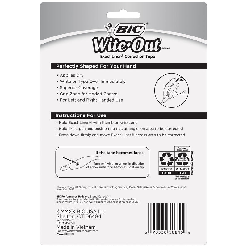 [AUSTRALIA] - BIC Wite-Out Brand Exact Liner Correction Tape, White, Grip Zone Provides Comfort and Control, 4-Count 